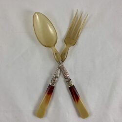 French Art Deco Horn, Bakelite & Silver Plate Salad Servers, cased
